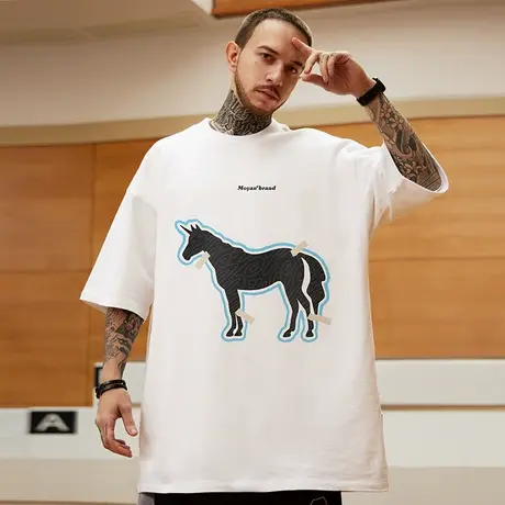 重磅潮牌白色打底宽松T恤胖子短袖男五分袖纯棉大码男装夏季半袖商品大图