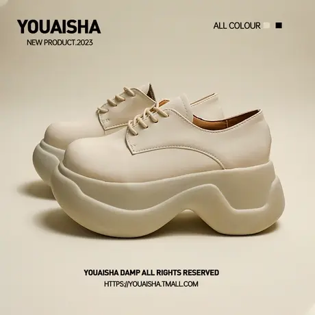 英伦风增高厚底松糕小皮鞋女2023新款春秋季高跟坡跟系带百搭单鞋商品大图