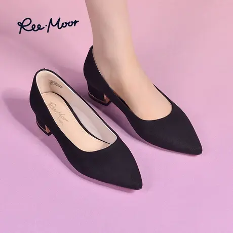 REEMOOR睿慕2023秋新款法式通勤尖头粗跟单鞋黑色高跟鞋工作鞋女图片