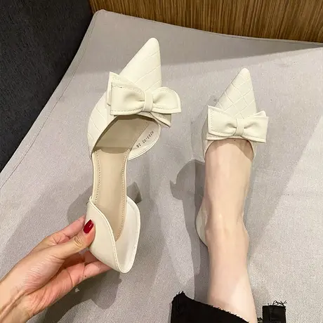 包头凉鞋2023夏季新款法式气质浅口中空蝴蝶结尖头细跟纯色高跟鞋商品大图