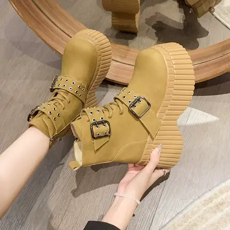 厚底舒适马丁靴女2023年秋冬圆头松糕增高显瘦时尚百搭英伦风短靴商品大图