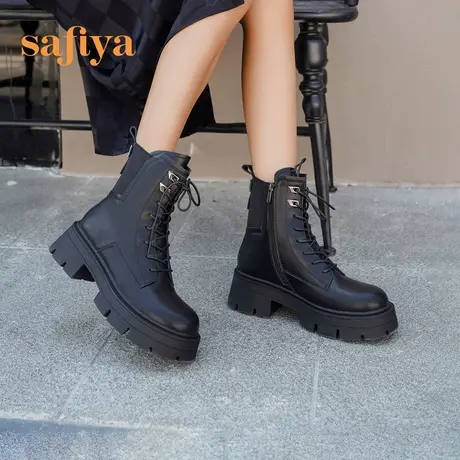 Safiya/索菲娅商场同款短靴冬季英伦风机车拼接厚底系带马丁靴女图片