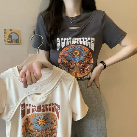 大码女装夏新款美式显瘦修身上衣胖mm设计感小众正肩短袖t恤200斤商品大图