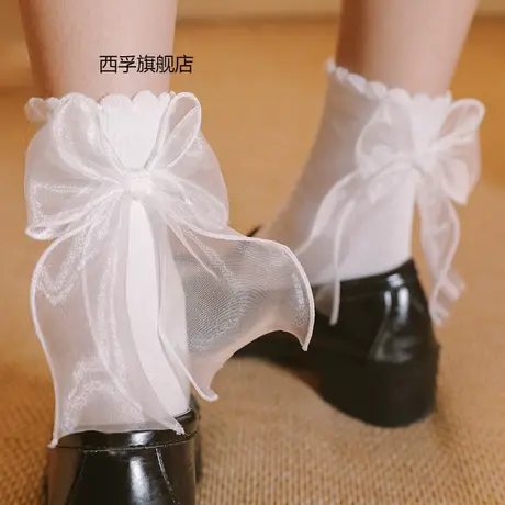 白色袜子女洛丽塔可爱软妹绸缎花边中筒长袜子Lolita制服JK蝴蝶结图片
