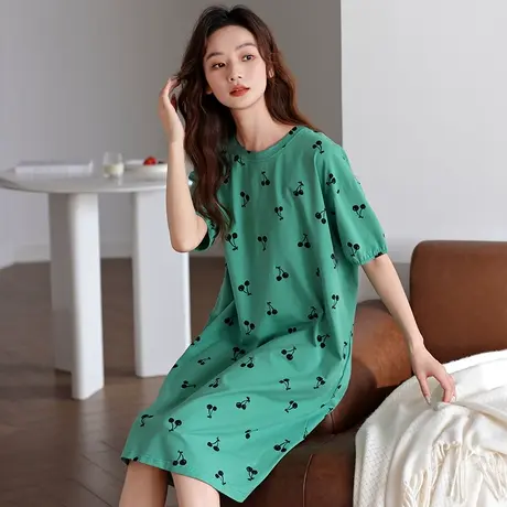 婷美纯棉睡裙女士夏季新款薄款套头短袖可外穿夏天睡衣女生家居服商品大图