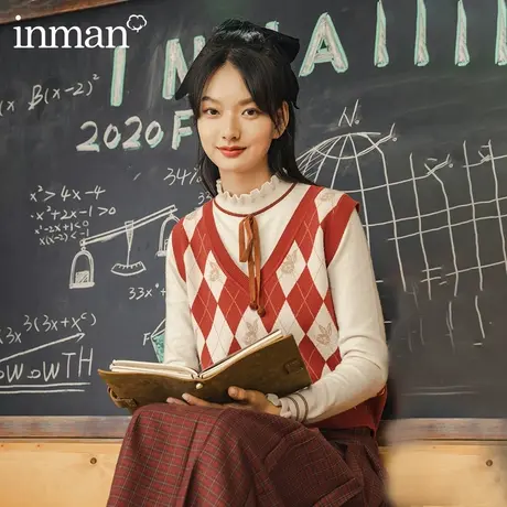 茵曼学院风背心马甲女2023年秋季新款拼接菱格提花针织马夹薄毛衣图片