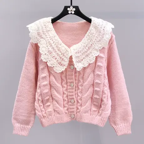 日系娃娃领麻花毛衣外套女秋冬2023新款宽松设计感短款针织开衫商品大图