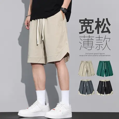 卡其色冰丝五分休闲短裤夏季薄款男士宽松紧腰速干运动中裤子夏款图片