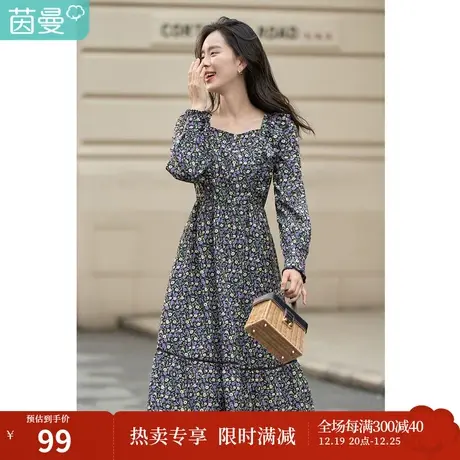 茵曼秋女装新款田园碎花浪漫荷叶边显瘦方领长袖连衣裙裙子图片