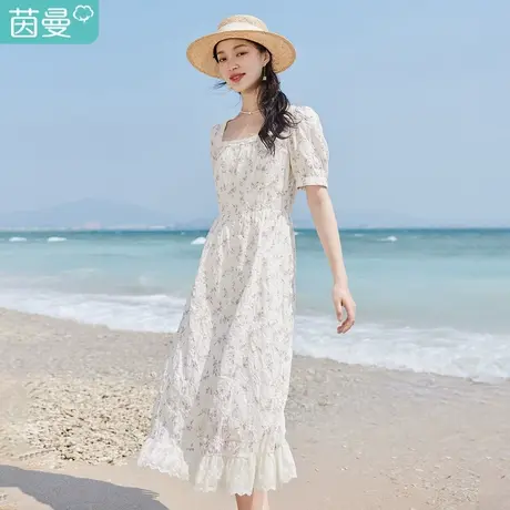 茵曼法式度假风连衣裙女装2023年夏季新款方领泡泡袖收腰碎花裙子商品大图