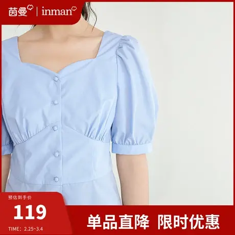 茵曼法式方领短袖衬衫收腰显瘦泡泡袖上衣2024夏季新款设计感衬衣图片