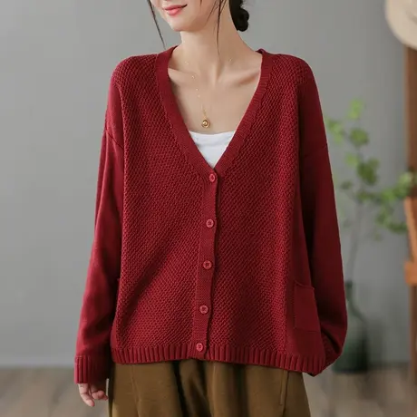 dza复古纯色棉线针织开衫女春秋新款宽松V领毛衣外套休闲长袖上衣图片