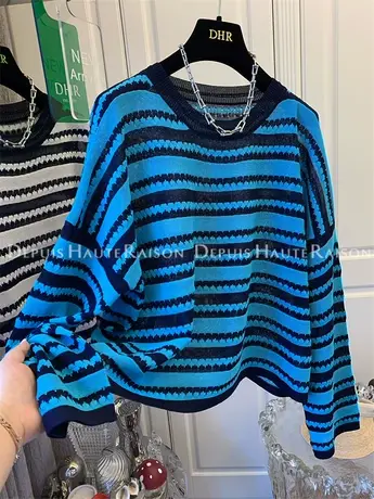 撞色条纹长袖针织衫T恤上衣女宽松休闲慵懒风冰丝2022早秋新款商品大图