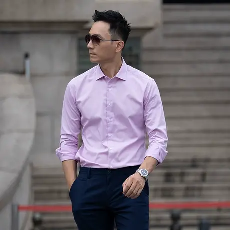 衬衫男长袖修身浅紫温莎领商务法式门襟结婚正装免烫春季衬衣男帅商品大图