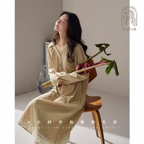 妮狄娅睡衣睡裙女春季纯棉长袖简约复古中长裙春秋可外穿家居服商品大图