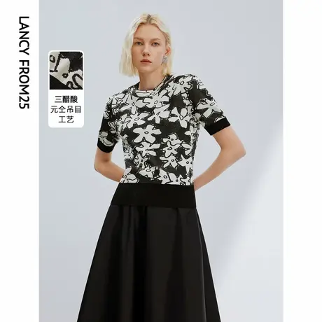 朗姿三醋酸设计感提花上衣2024年夏季新款气质休闲毛针织衫短袖女图片