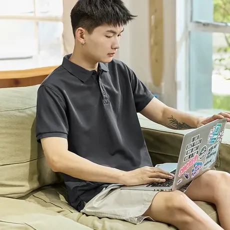 唐狮夏季新款polo衫男士纯色有带翻领短袖t恤休闲上衣服潮牌商品大图