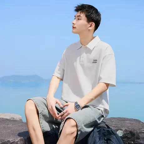 唐狮夏季新款男Polo衫宽松翻领短袖白色休闲运动上衣青少年潮商品大图