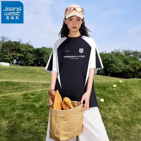 NR真维斯美式高街重磅纯棉短袖t恤女男同款夏季插肩撞色情侣上衣商品大图
