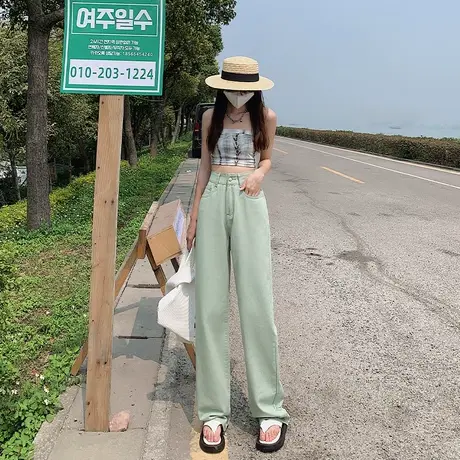 薄荷绿窄版阔腿牛仔裤女秋季爆款2023年新款高腰显瘦垂感直筒裤子图片