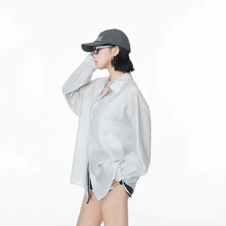 凉感莱赛尔天丝长袖衬衫外套女夏季轻薄开衫休闲宽松设计感衬衣商品大图