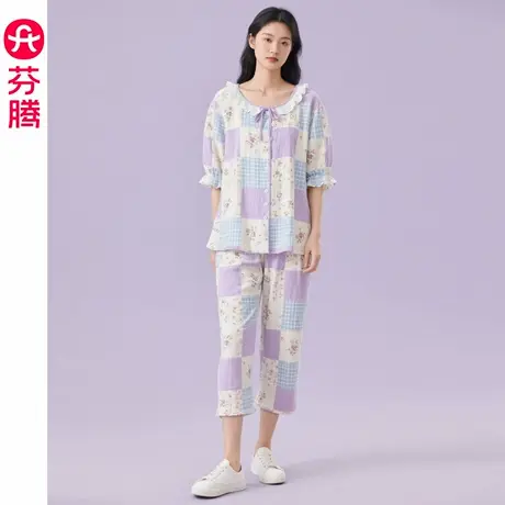 芬腾睡衣女夏季短袖七分裤套装女款休闲大码薄款透气可外穿家居服商品大图