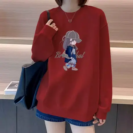 慵懒风酒红色卫衣女秋季新款2025爆款时尚洋气圆领设计感宽松上衣商品大图