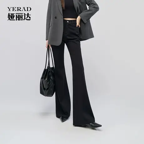 娅丽达黑色牛仔裤弹力微喇裤女2025年秋季新款高腰显瘦修身喇叭裤商品大图