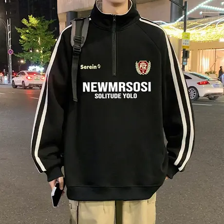 半拉链卫衣男春秋季2025新款美式休闲条纹上衣服宽松潮牌运动外套商品大图
