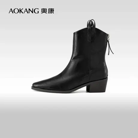 奥康女鞋 冬季新款尖头复古短靴简约大气短筒骑士靴牛仔靴商品大图