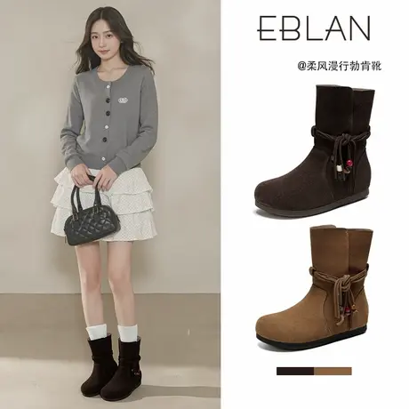 EBLAN/伊伴内增高勃肯堆堆靴女2025秋季新款民族风流苏短靴马丁靴商品大图