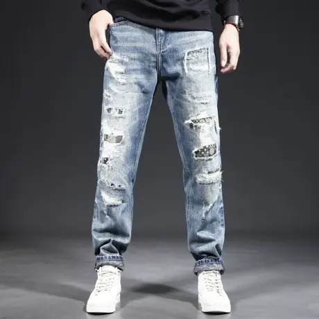 裤子潮牌痞帅炸街男破洞补丁潮流牛仔裤男直筒宽松男士裤子秋季商品大图
