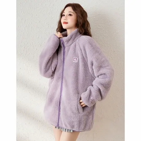 唐狮秋冬新款摇粒绒外套女撞色立领时尚潮流宽松超好看上衣流行tu图片