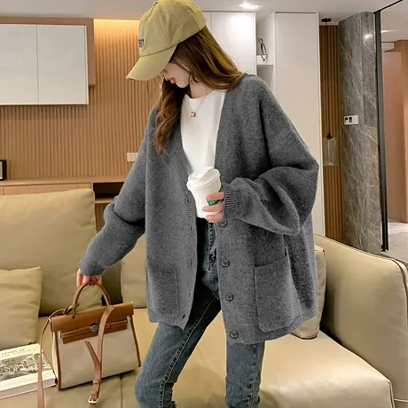 唐狮秋冬季女毛衣宽松慵懒风简约开衫外套中长款日常百搭tu图片