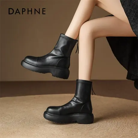 达芙妮黑色高跟短靴子女鞋2026新款秋冬英伦切尔西皮靴厚底马丁靴商品大图