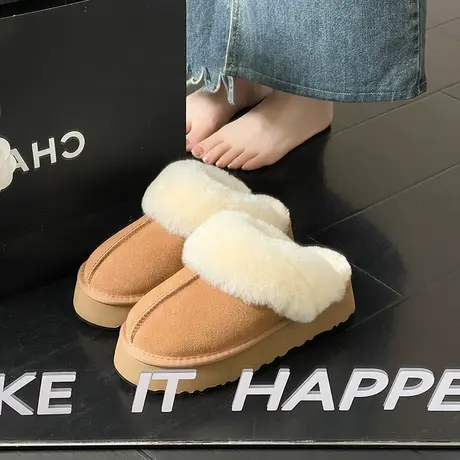厚底毛毛拖鞋女冬外穿2023新款复古增高棉拖加绒居家包头半托鞋子商品大图
