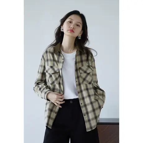 嘉茱莉2023新款1OO棉复古格子衬衫女中长款宽松上衣外套设计感商品大图
