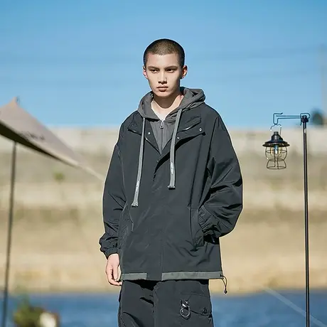 外套男春秋冬季风衣男生2023新款秋装假两件冲锋衣棉衣服男士夹克商品大图