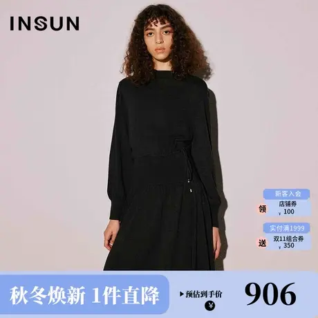 恩裳COVER2023年冬装新款羊毛混纺打花三平缕空灯笼袖针织连衣裙图片