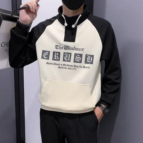 春秋季半高领卫衣男插肩拼色潮流痞帅秋装上衣外套个性打底体恤衫图片