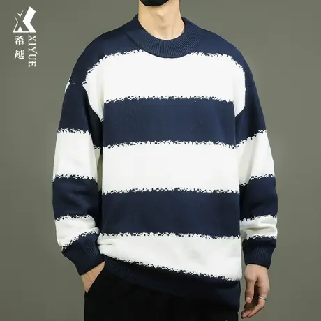 希越学院风条纹男士圆领毛衣冬季宽松大码日系慵懒感撞色复古线衣图片