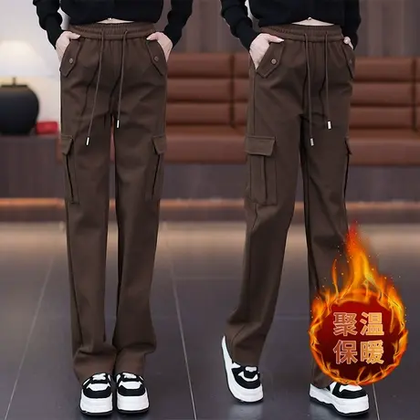 美拉德工装伞兵裤子女冬季加绒美式复古阔腿长裤重磅直筒休闲裤图片