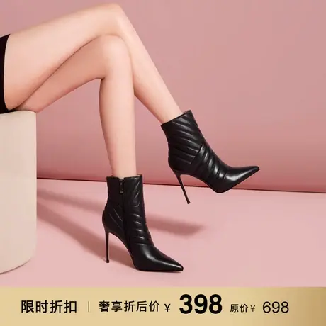 熙漫2022秋冬新款短靴时尚尖头细跟百搭靴子日常通勤加绒真皮女靴图片