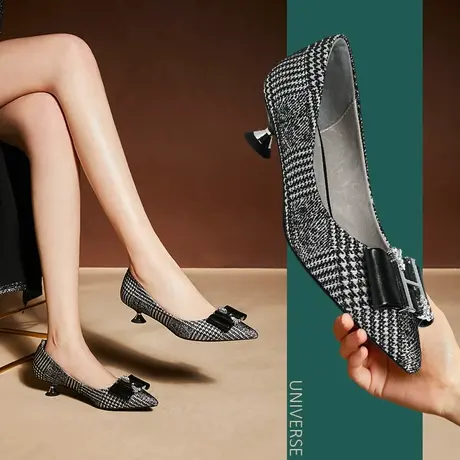 清仓尖头休闲百搭中跟女鞋水钻猫跟3cm浅口单鞋细跟工作鞋商品大图