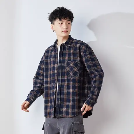 唐狮纯棉格子衬衫男春秋长袖港风日系复古格纹衬衣黑白格子衫外套图片