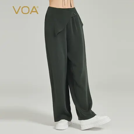 VOA深松绿30姆米重磅厚真丝后松紧腰不对称活页设计真丝直筒长裤商品大图