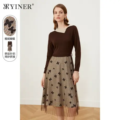 音儿奥莱女装秋冬针织拼接蝴蝶网纱连衣裙图片