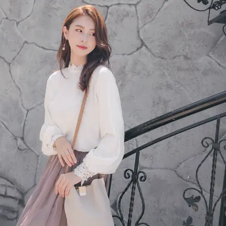 桔熊秋冬季韩版冷淡风小衫立领蕾丝拼接灯笼袖上衣女大码AB11242商品大图