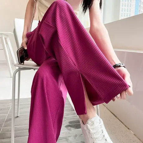 火龙果色冰丝阔腿裤女夏季薄款高腰垂感宽松休闲小个子开叉直筒裤商品大图