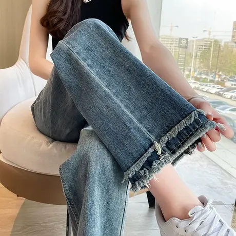 美式复古高腰阔腿牛仔裤女2024年春秋直筒毛边显瘦垂感拖地长裤子商品大图